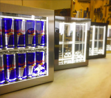 Mike Robinson Furniture, Red Bull UK, Bar Top Displays, Dibond Aluminum Composite, 3A Composites Graphic Display USA