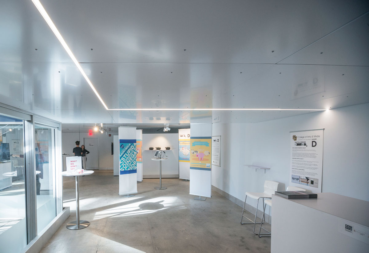 UC Denver College Architecture Planning Design Build, Next Stage Collaborative Gallery DPAC, Dibond Ceiling, Photography Jesse Kuroiwa