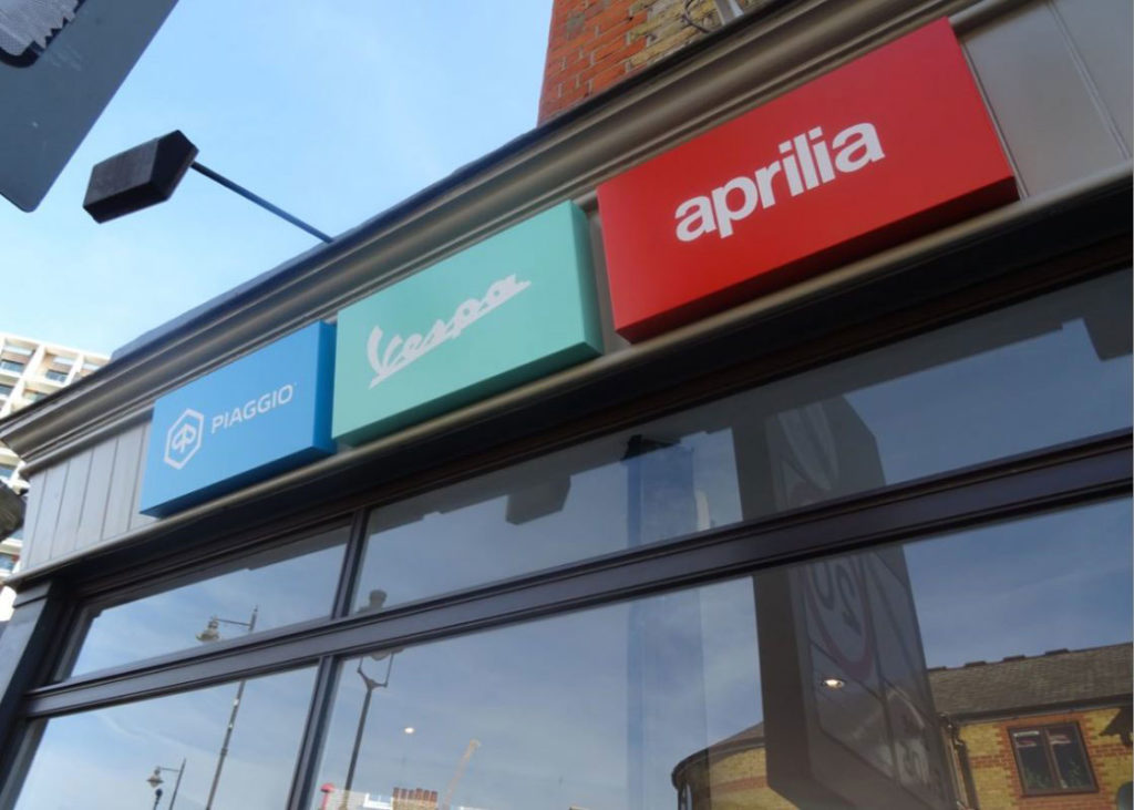 Tara Signs, Piaggio Rebranding UK Motoplex, Dibond, Exterior Signage