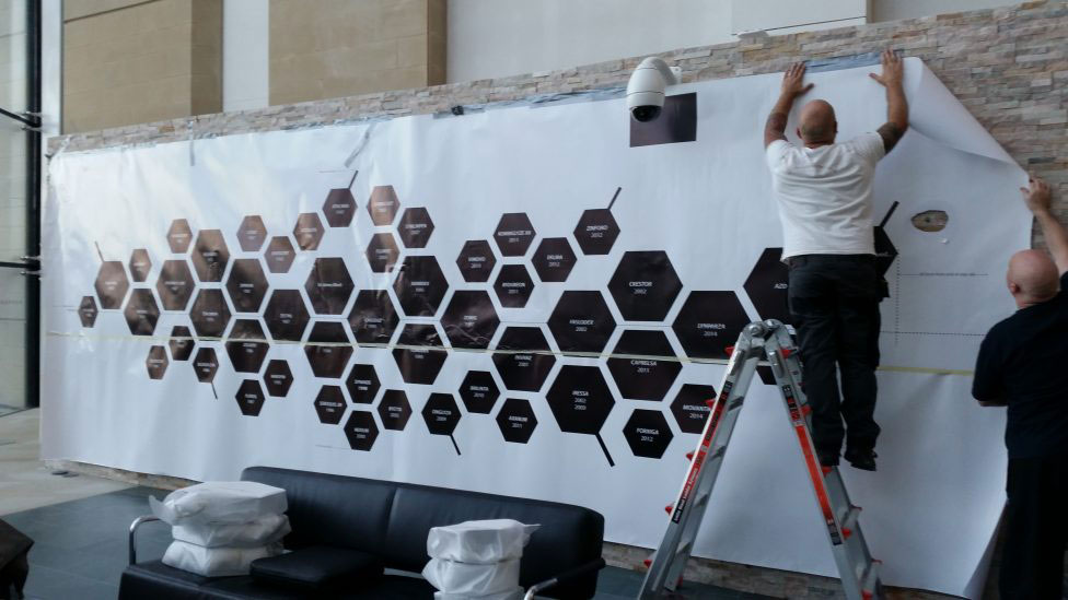 AstraZeneca, Bespoke Interior Signage, Parker Design Consultants, Spiral Colour, Brushed Dibond Aluminum Composite Material, 3A Composites Graphic Display USA Blog, Photo Spiral Colour