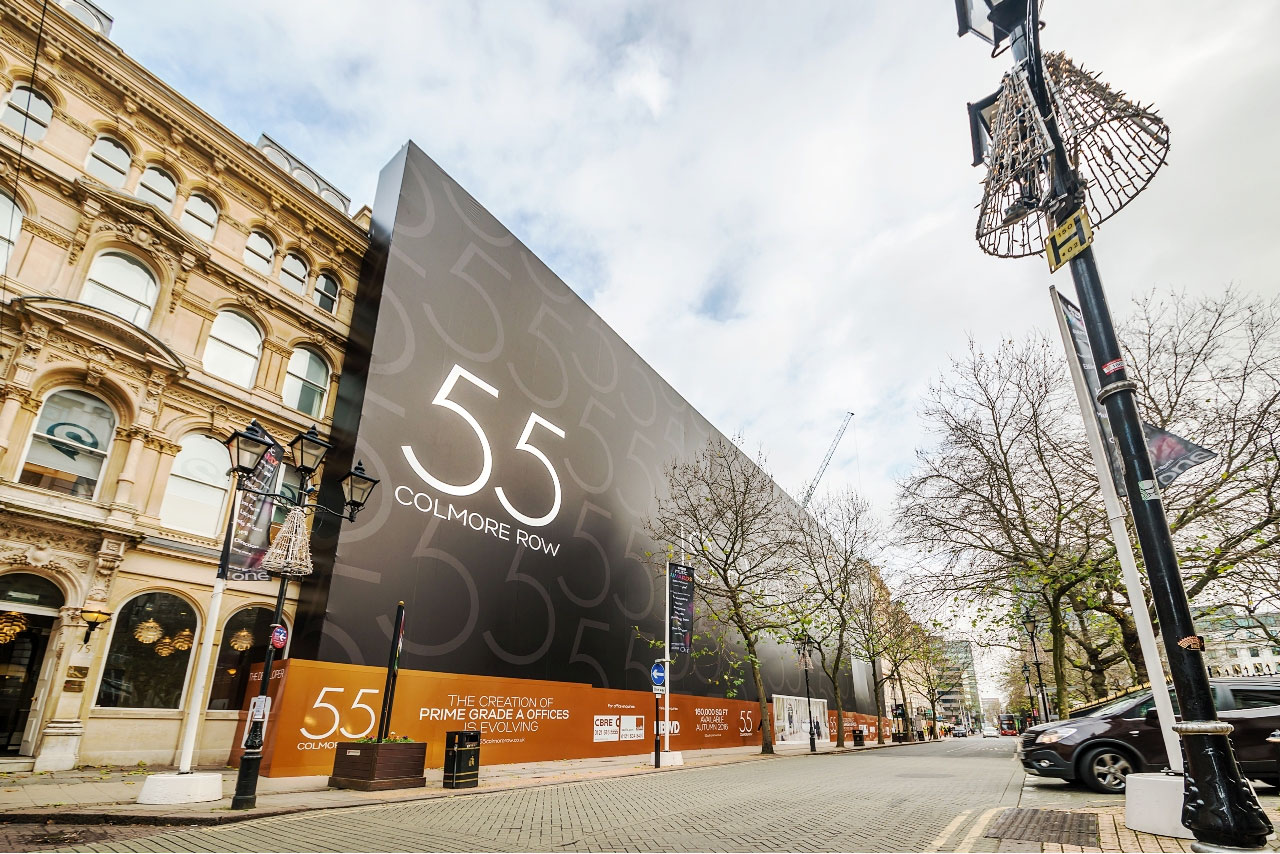 Embrace Building Wraps, 55 Colmore Row, Birmingham, Dibond Hoarding, IM Properties