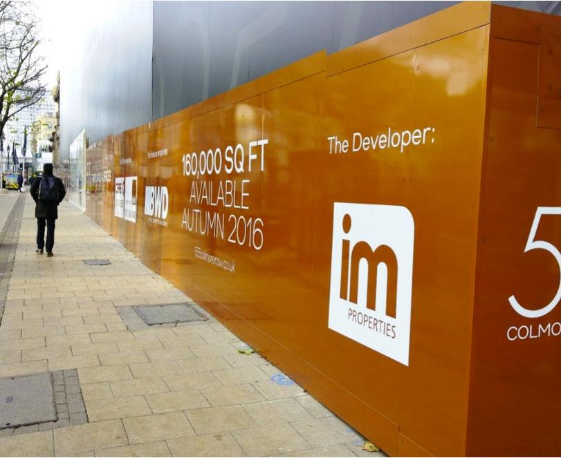Embrace Building Wraps, 55 Colmore Row, Birmingham, Dibond Hoarding, IM Properties