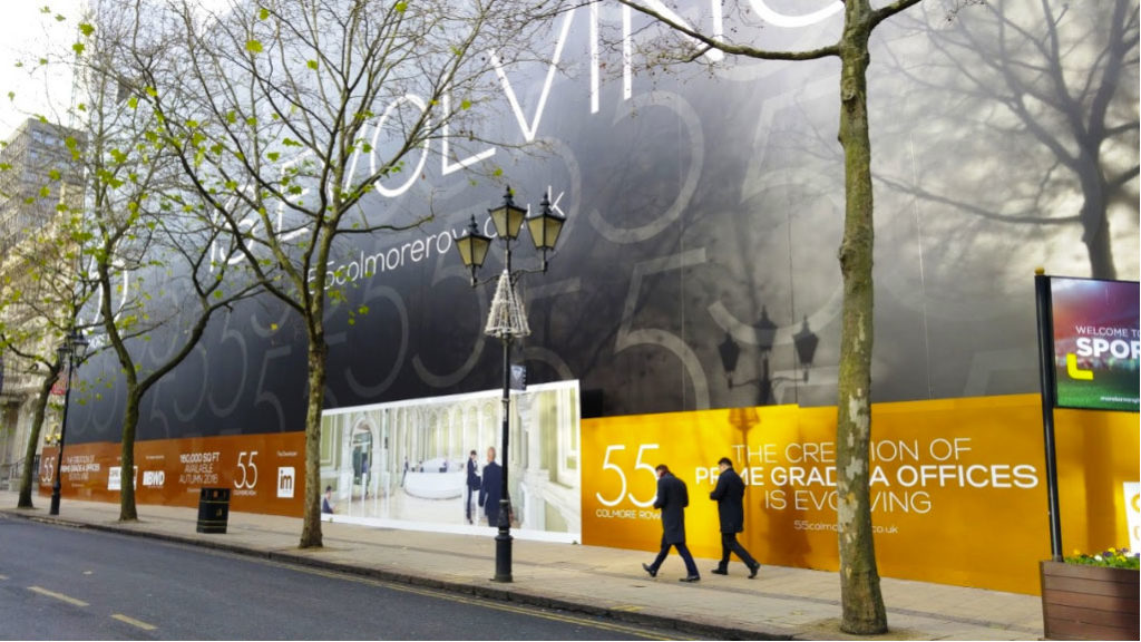 Embrace Building Wraps, 55 Colmore Row, Birmingham, Dibond Hoarding, IM Properties
